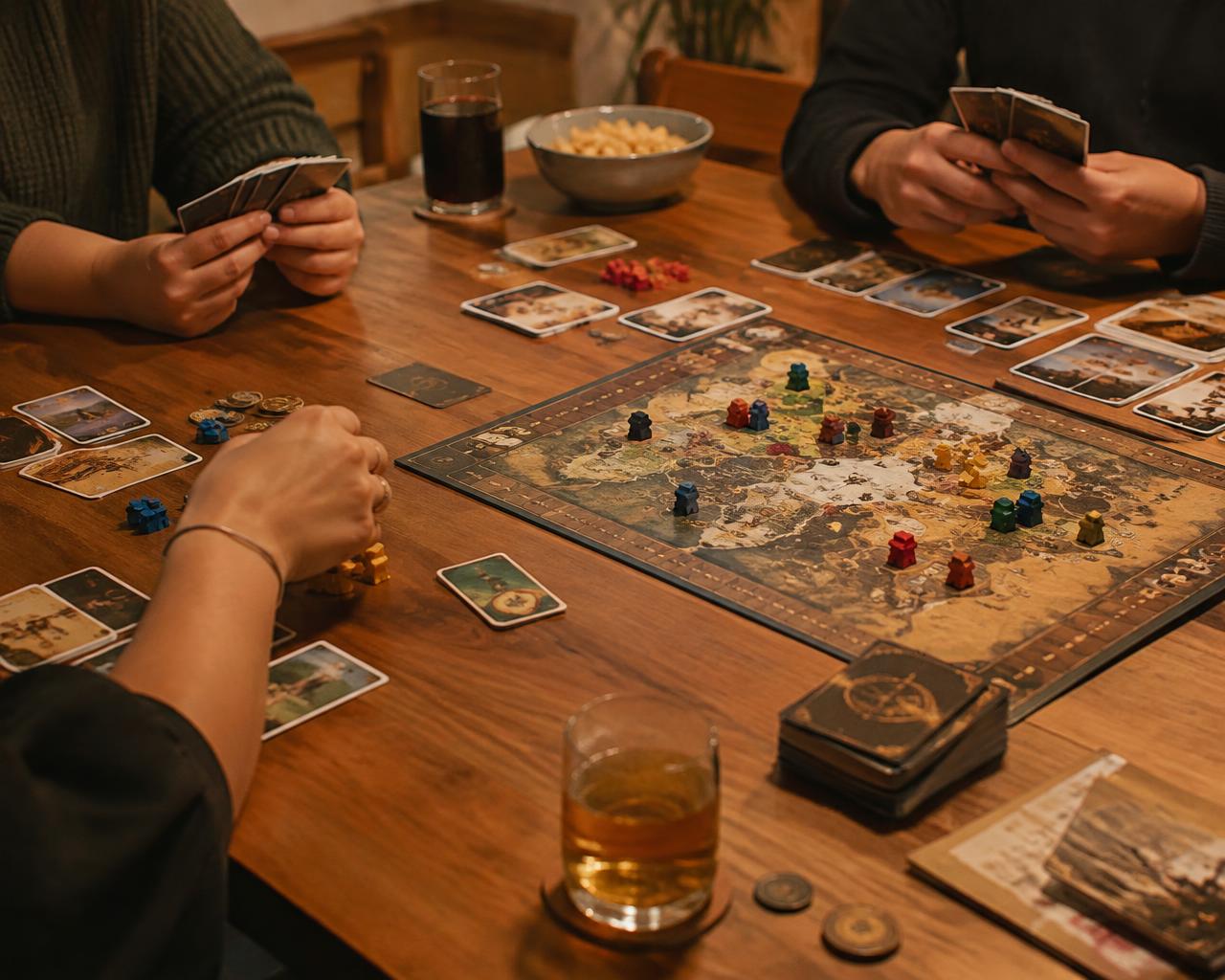 Friends playing a board game around a wooden table