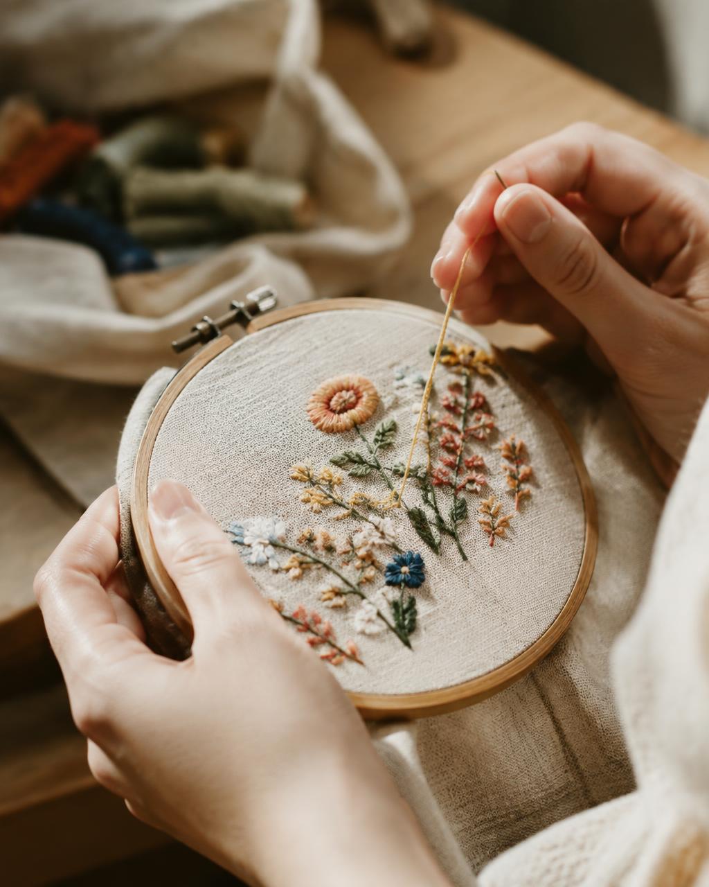 Hands stitching floral embroidery in a hoop