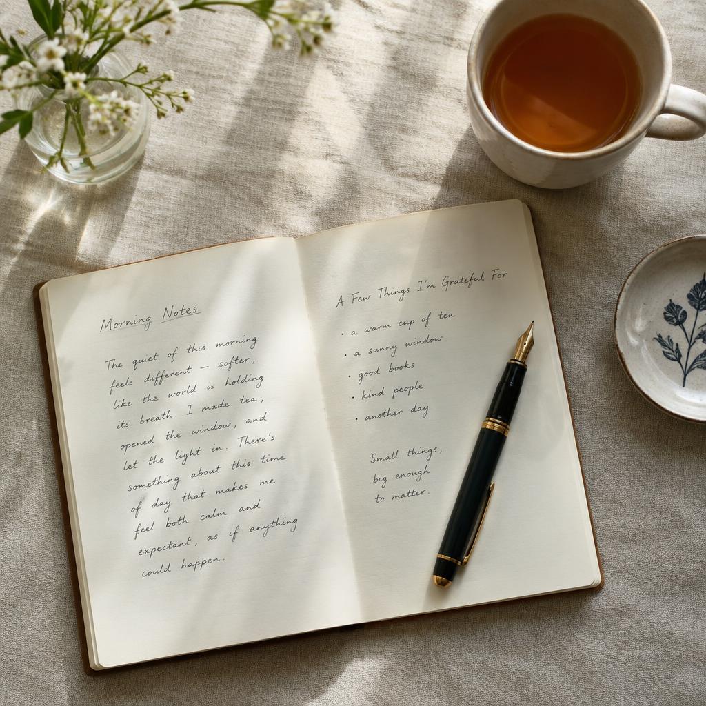 An open handwritten journal beside a cup of tea